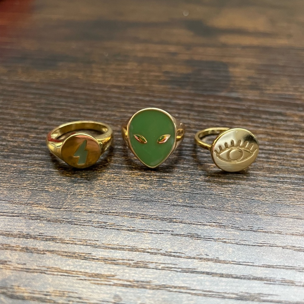 Gold and Green Alien Ring Set